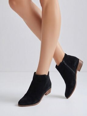 Gianni Bini Black Suede Ankle Booties with Wood-Tone Heel